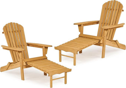 Set of 2 Outdoor Wooden Folding Adirondack Chair with Retractable Ottoman, Wood Patio Chair with Footrest for Garden Backyard Porch Pool Deck Firepit