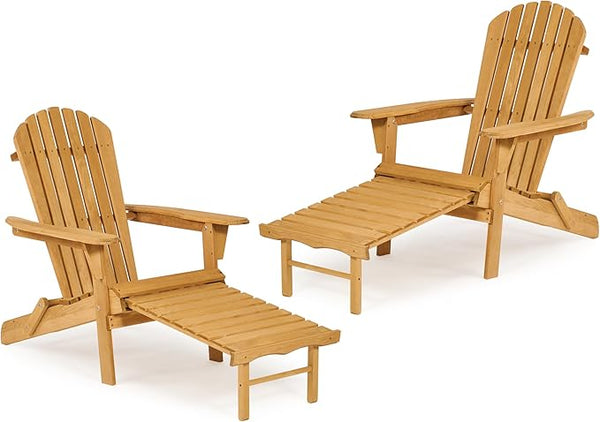 Set of 2 Outdoor Wooden Folding Adirondack Chair with Retractable Ottoman - Photo 1