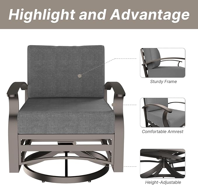 Gotland Outdoor Aluminum Patio Furniture Set with Fire Pit Table, 7 Pieces Metal Patio Furniture with 2 Swivel Rocking Chairs 11 Seats Waterproof 5.1'' Seat Cushions, for Garden Balcony Porch Gray