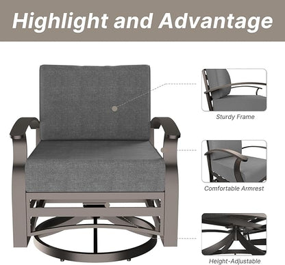 Gotland Outdoor Aluminum Patio Furniture Set with Fire Pit Table, 7 Pieces Metal Patio Furniture with 2 Swivel Rocking Chairs 11 Seats Waterproof 5.1'' Seat Cushions, for Garden Balcony Porch Gray