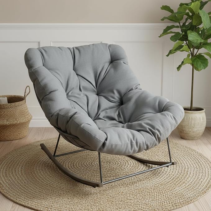 Outdoor Patio Rocking Chair, Oversized Papasan Chair with Cushion and Frame, Comfy Modern Rocker Egg Chair for Living Room, Garden Backyard,Grey