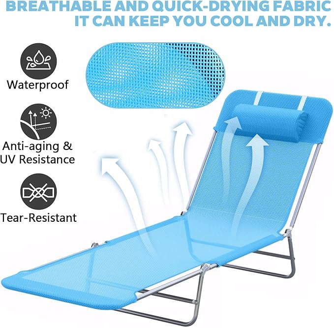 Outdoor Tanning Chair with Pillow, Folding Chaise Lounge Chair with Adjustable Backrest, Portable Lay Flat Beach Lounge Chairs for Sunbathing Poolside Patio Lawn Camping(Blue 2)