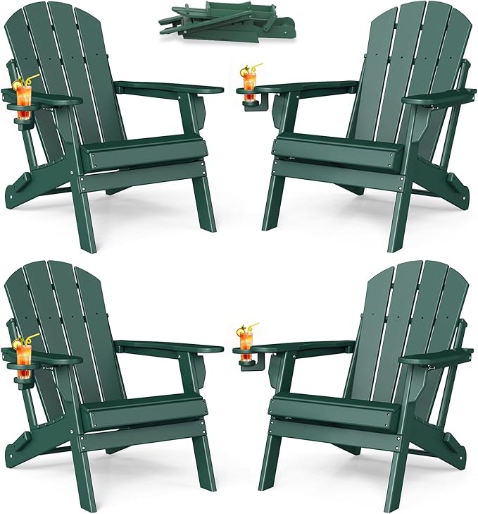 BRIOPAWS Folding-Adirondack-Chairs Set of 4 | HDPE | Fire Pit Chair | Cup Holder | Weather Resistance | Forest | for Outdoor Backyard Deck Patio