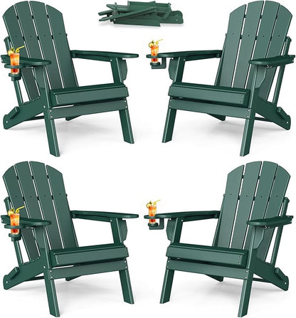 BRIOPAWS Folding-Adirondack-Chairs Set of 4 | HDPE | Fire Pit Chair | Cup Holder | Weather Resistance | Forest | for Outdoor Backyard Deck Patio