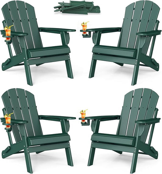 BRIOPAWS Folding-Adirondack-Chairs Set of 4 | HDPE | Fire Pit Chair | Cup Holder | Weather Resistance | Forest | for Outdoor Backyard Deck Patio
