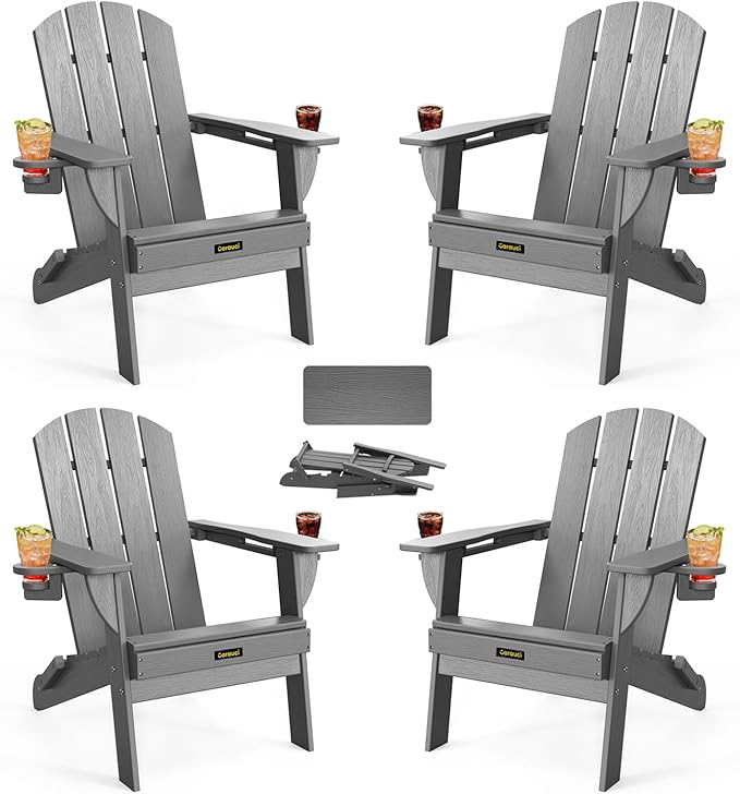 Folding Adirondack Chair Set of 4, Wooden Textured Plastic Adirondack Chairs with 2 Cup Holder, Weather Resistant HDPE Fire Pit Chair, Outdoor Patio Chairs for Garden, Backyard, Lawn, Deck, Grey