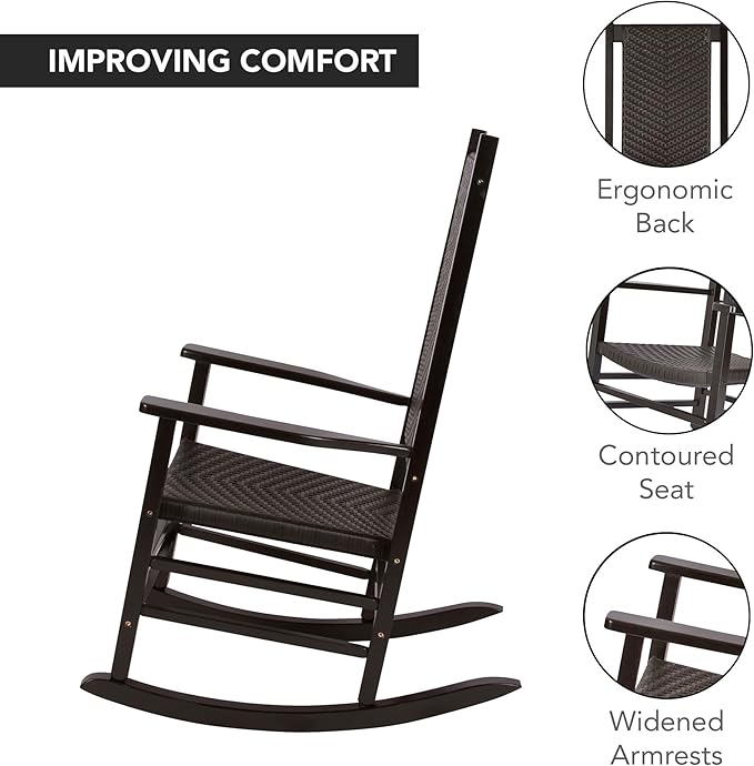 Shine Company Set of 2 Hampton Porch Rockers, High Back Wood Rocking Chairs, Rattan Backrest & Seat, 2-Pack, Black