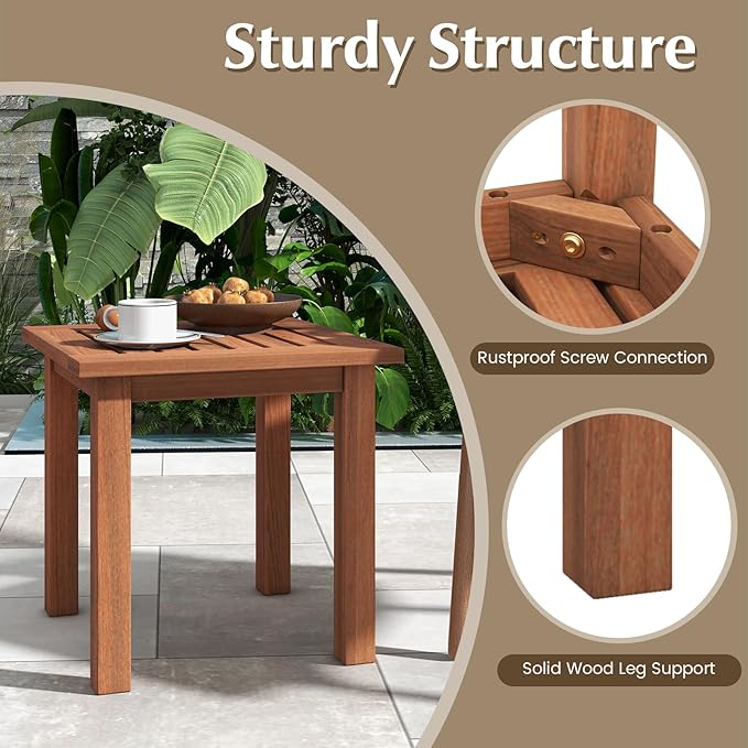 Tangkula Square Outdoor Side Table, 17.5?Patio Hardwood End Table w/Slatted Tabletop, Small Coffee Table, Outdoor Indoor Chairside Table for Porch Garden Balcony, Easy Assembly (1, Natural)
