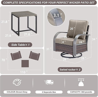 Belord Outdoor Swivel Rocker Patio Chairs Set of 2, 3 Piece Wicker Patio Bistro Set with Metals Side Table and Comfort High Back 4" Cushion Outdoor Patio Glider Chair for Balcony Deck Porch