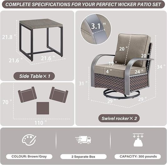 Belord Outdoor Swivel Rocker Patio Chairs Set of 2, 3 Piece Wicker Patio Bistro Set with Metals Side Table and Comfort High Back 4" Cushion Outdoor Patio Glider Chair for Balcony Deck Porch
