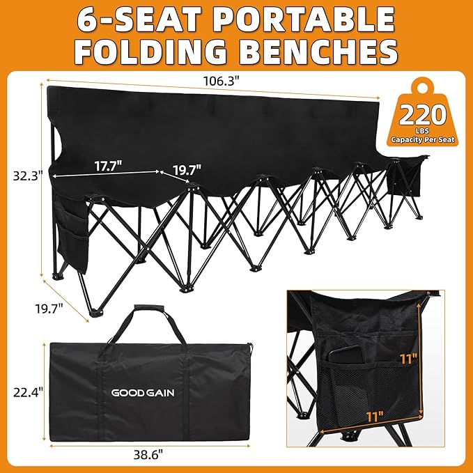 G GOOD GAIN Portable Soccer Bench - Team Bench Soccer 6 Seats with Bag, Sideline Folding Bench, Folded Chair Seating 6 for Football Camp Outdoor Sport Events, Team Chairs for Adults, Black