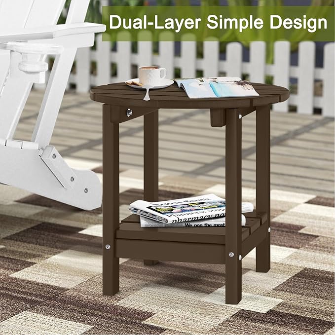 Adirondack Outdoor Side Tables, 2-Tier Round Outdoor Table, Weather Resistant HDPE Patio End Table for Garden, Lawn, Pool, Beach, Porch, Deck, Backyard - Dark Brown