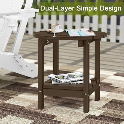 Adirondack Outdoor Side Tables, 2-Tier Round Outdoor Table, Weather Resistant HDPE Patio End Table for Garden, Lawn, Pool, Beach, Porch, Deck, Backyard - Dark Brown