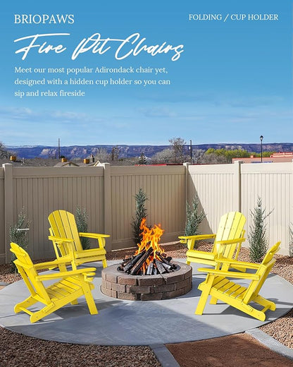 BRIOPAWS Folding-Adirondack-Chairs Set of 2 | HDPE | Fire Pit Chair | Cup Holder | Weather Resistance | Yellow | for Outdoor Backyard Deck Patio