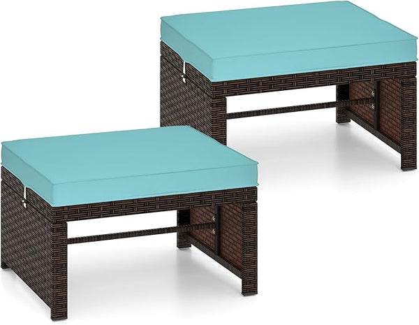 RELAX4LIFE Wicker Outdoor Ottoman Set of 2 - Rattan Footstools Foot Rest w/Removable Cushions - Photo 1