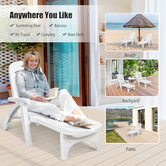 COSTWAY 2PCS Folding Chaise Lounge with Wheels, 5-Position Adjustable Recliner for Sunbathing, Seaside (White) - Photo 3