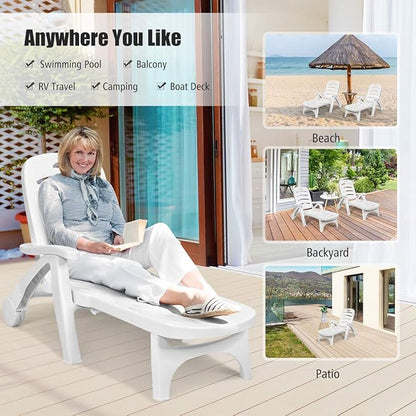 COSTWAY 2PCS Folding Chaise Lounge with Wheels, 5-Position Adjustable Recliner for Sunbathing, Seaside (White)