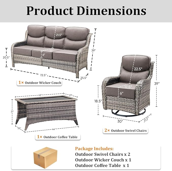 Luxury High Back Patio Furniture Set with 6-Inch Thick Cushions, 4-Pieces Outdoor Furniture with Swivel Chairs - Photo 9