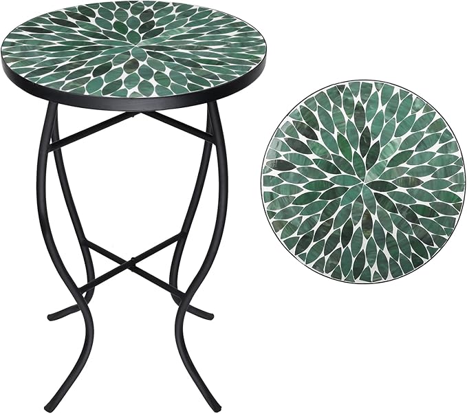 VCUTEKA Mosaic Outdoor Side Table - Small Patio Table Coffee Outside Accent Tables Round End Plant Tables for Bistro Balcony Porch Outdoor Benches 14'' Green