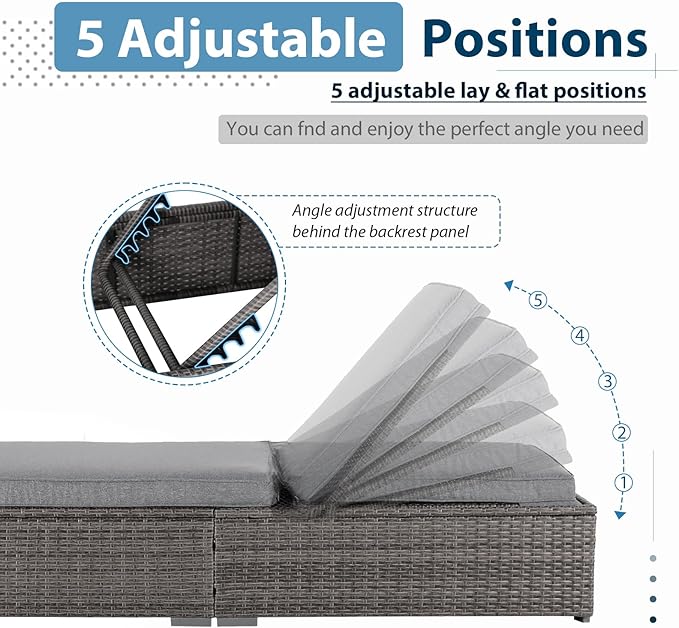 JOIVI Outdoor Chaise Lounge Chair, All-Weather PE Wicker Patio Chairs Pool Lounge Chairs for Outside, Gray Rattan Reclining Outdoor Chair with Adjustable Backrest and Removable Grey Cushion