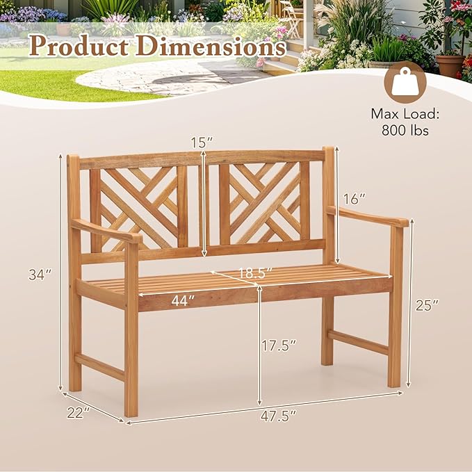 HAPPYGRILL Outdoor Wood Bench, 2-Seat Acacia Wood Loveseat Chair w/Slatted Seat & Patterned Backrest, 800 lbs Capacity, Patio Bench for Garden, Yard, Lawn
