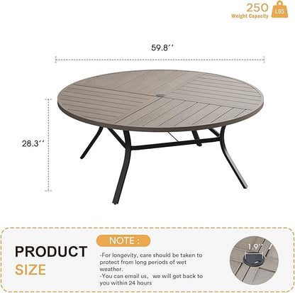 VICLLAX Round Patio Table with Adjustable Umbrella Hole for 8, All Weather Metal Outdoor Dining Table for Lawn Garden, 59.8" Outdoor Coffee Table, Grey Wood-Like Tabletop