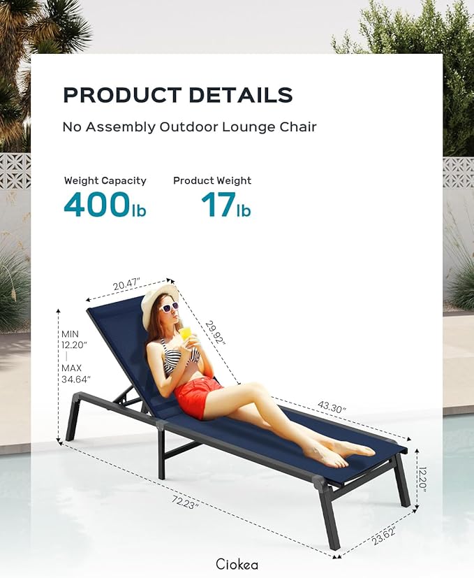 Ciokea Patio Chaise Lounge Chair, Foldable Lounge Chair for Outside, Aluminum Chairs Set of 2 with 5 Adjustable Backrest - Photo 2