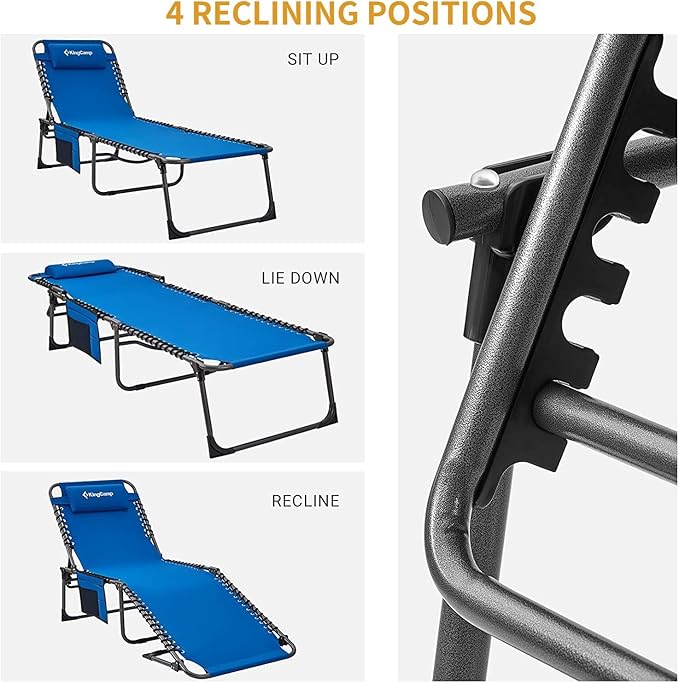KingCamp Chaise Lounge Chairs Outdoor Foldable Patio Sun Chair for Outside Camping Sunbathing Beach Lawn Pool Garden Yard Folding Lightweight Heavy Duty Portable Adjustable Lounge with Pillow