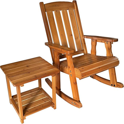 Wooden Rocking Chair with Comfortable Backrest Inclination, High Backrest and Deep Contoured Seat, Solid Fir Wood, Heavy Duty 600 LBS, for Backyard, Porch and Patio (Natural, with Side Table)