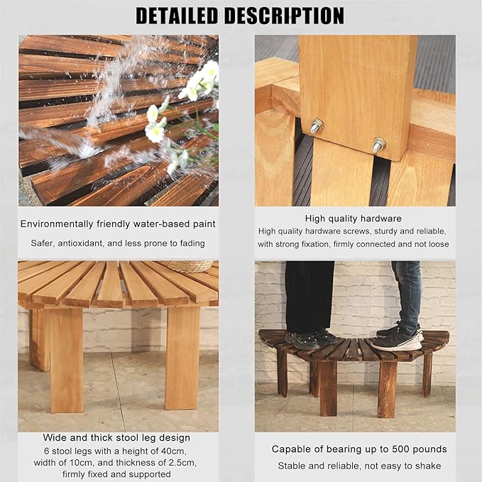 Wooden Garden Curved Bench, Half Round Outdoor Tree Bench, Wrap Around Park Backless Bench Outdoor Furniture, Garden Stool Patios Lawn Tree Chair Solid Wood Slatted Seat (1/2 Round)