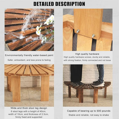 Wooden Garden Curved Bench, Half Round Outdoor Tree Bench, Wrap Around Park Backless Bench Outdoor Furniture, Garden Stool Patios Lawn Tree Chair Solid Wood Slatted Seat (1/2 Round)