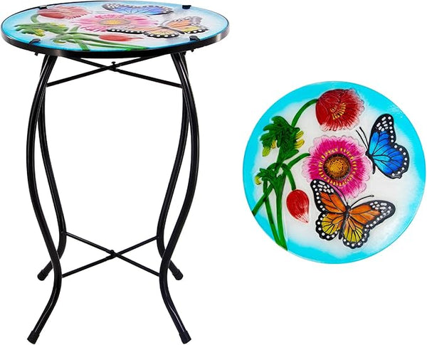 12 Inch Round Butterfly Glass Side Table, Patio Small Table, Outdoor Side Table, Outdoor Bar Table - Photo 1