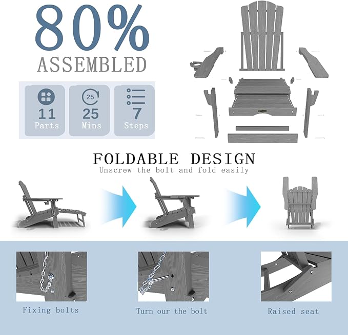 Adjustable Adirondack Chairs with Retractable Ottoman, HDEP Folding Adirondack Chair with Footrest & Cup Holder, All Weather Fire Pit Chair for Outdoor,Grey