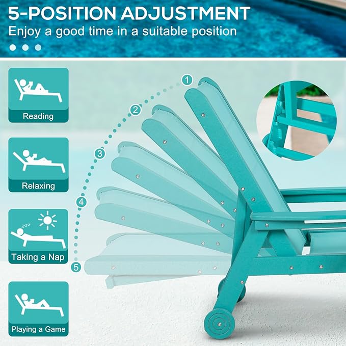 Outdoor Chaise Lounge Chair Set of 2, 5-Position Adjustable Padded Patio Lounge Chair with Wheels & Cup Holder, HDPE Pool Lounge Chair with Textilene Surface for Outside, Poolside (Aruba)