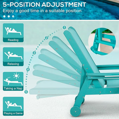 Outdoor Chaise Lounge Chair with Table, 5-Position Adjustable Patio Lounge Chair with Wheels & Cup Holder, HDPE Pool Lounge Chair for Outside, Poolside & Beach (Aruba)