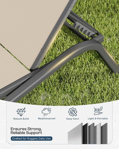 Lounge Chair Set of 2, Aluminum Chaise Lounge Outdoor, Lightweight Lounge Chairs for Outside with 5 Adjustable Backrest, Pool Lounger for Poolside, Beach, Balcony, Deck (Khaki)