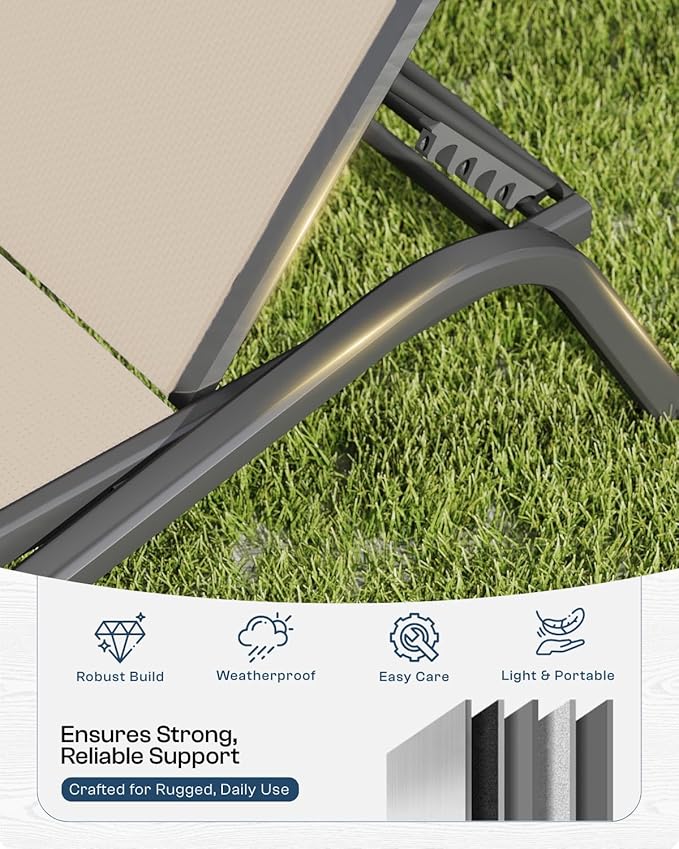Lounge Chair Set of 2, Aluminum Chaise Lounge Outdoor with Side Table, Lightweight Lounge Chairs for Outside with 5 Adjustable Backrest, Pool Lounger for Poolside, Beach, Balcony (Khaki)