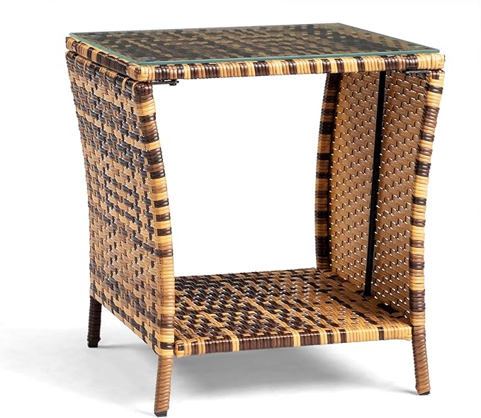 Wicker Rattan Side Table, Outdoor Square Rattan Coffee End Table Patio Wicker Table with Tempered Glass Top and Storage for Garden Porch Deck Backyard (Yellow Gradient)
