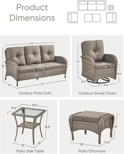 6 Pieces Outdoor Furniture-Patio Swivel Rocker Chairs Set of 2 3-Seater Wicker Couch with Outdoor Ottoman Outdoor Patio Furniture Set for Deck Porch Garden Balcony Poolside-Grey/Grey