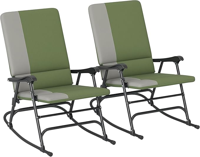 Outsunny Folding Outdoor Rocking Chairs Set of 2, Oversized Outdoor Rocking Camping Chair with 400 lbs. Capacity, Wide Seat, Padded High Back for Patio, Porch, Garden, Dark Green