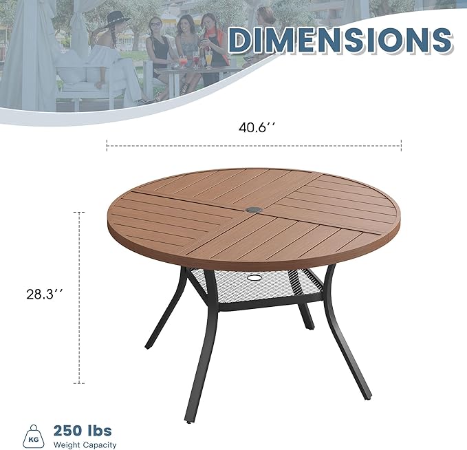 DIFY 40.6" Round Outdoor Patio Dining Table for 4, All-Weather Metal Steel Slatted Patio Table with 1.57" Adjustable Umbrella Hole, for Lawn Garden Porch Backyard, Walnut
