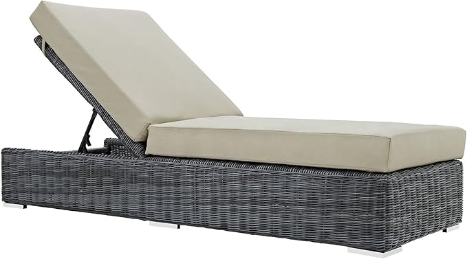 Modway Summon Wicker Rattan Aluminum Outdoor Patio Poolside Chaise Lounge Chair with Sunbrella® Fabric Cushions in Canvas Antique Beige