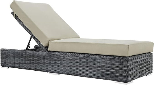 Modway Summon Wicker Rattan Aluminum Outdoor Patio Poolside Chaise Lounge Chair with Sunbrella® Fabric Cushions in Canvas Antique Beige