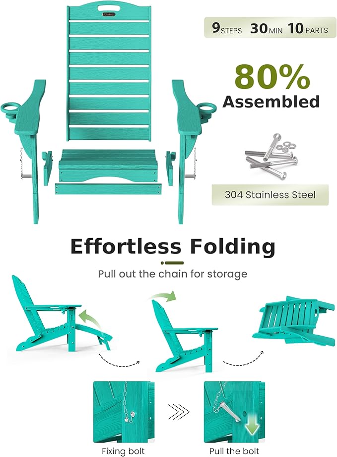 Ciokea Folding Adirondack Chair Set of 2 with Retractable Ottoman Fire Pit Patio Chair with Pull Out Foot Rest Weather - Photo 7
