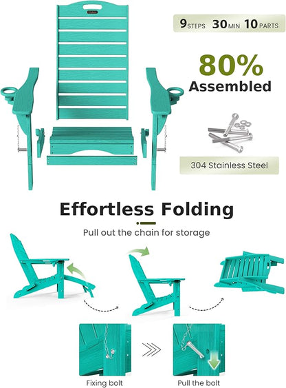 Ciokea Folding Adirondack Chair Set of 2 with Retractable Ottoman Fire Pit Patio Chair with Pull Out Foot Rest Weather Resistant Lawn Outdoor Chair with 2 Cup Holder (Lake Blue)