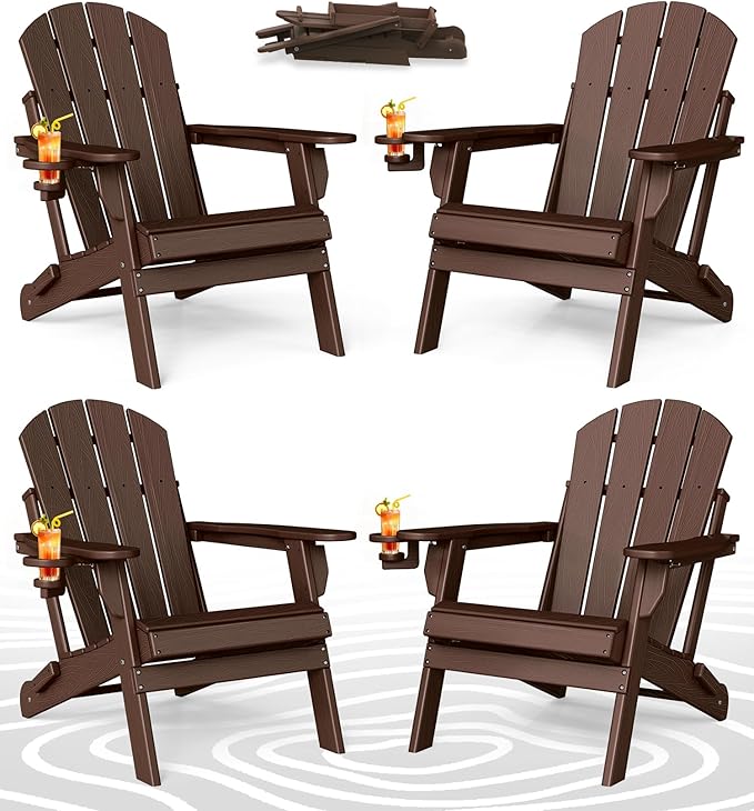 BRIOPAWS Folding-Adirondack-Chairs Set of 4 | HDPE | Brown Wood Grain | Fire Pit Chair | Cup Holder | Weather Resistance | for Outdoor Backyard Deck Patio