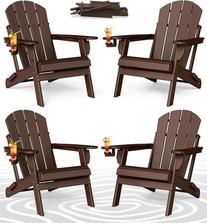 BRIOPAWS Folding-Adirondack-Chairs Set of 4 | HDPE | Brown Wood Grain | Fire Pit Chair | Cup Holder | Weather Resistance | for Outdoor Backyard Deck Patio