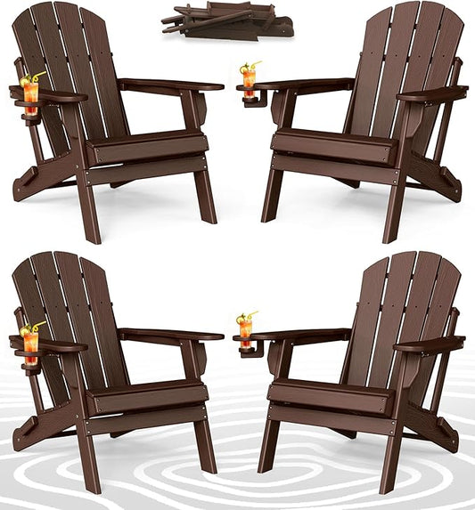 BRIOPAWS Folding-Adirondack-Chairs Set of 4 | HDPE | Brown Wood Grain | Fire Pit Chair | Cup Holder | Weather Resistance | for Outdoor Backyard Deck Patio