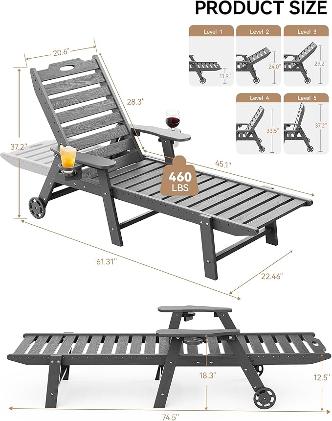 Carauci Lounge Chair Outdoor Set of 4, HDPE Chaise Lounge with Wheels - Photo 3