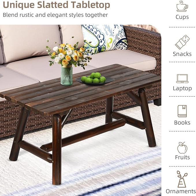 Outdoor Coffee Table, Thick Wooden Patio Adirondack Log Coffee Table with Slatted Tabletop - Photo 7